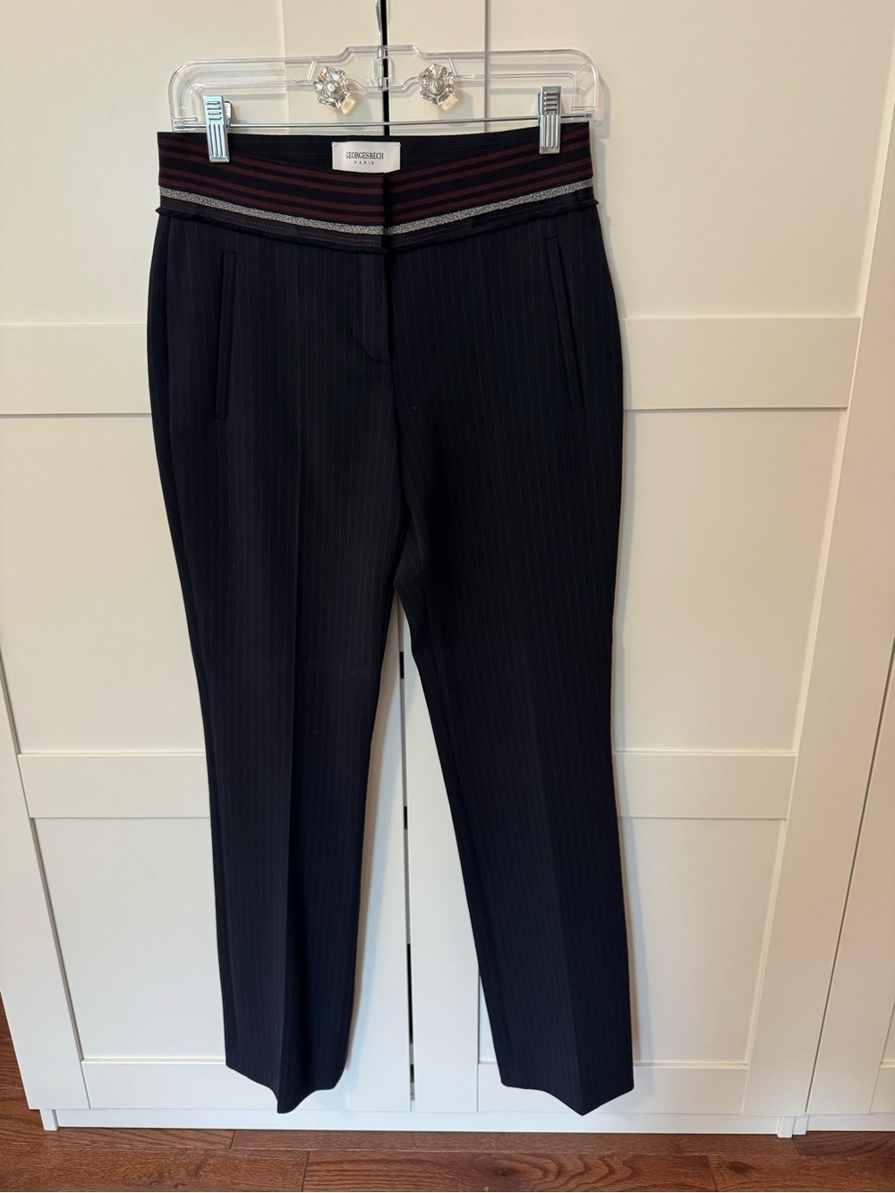Georgesrech Collection Black Pinstripe Men's Dress Pants with Contrast Waistband